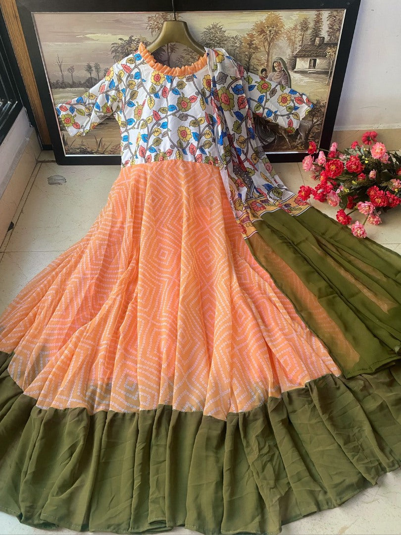 Peach georgette bandhni print long anarkali gown
