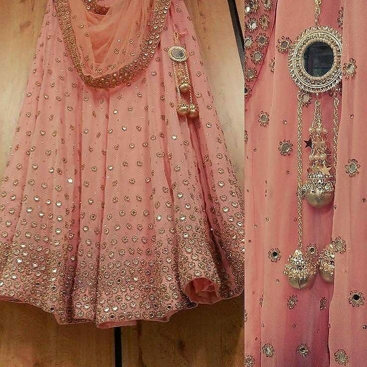 peach georgette beautiful mirrorwork wedding lehenga