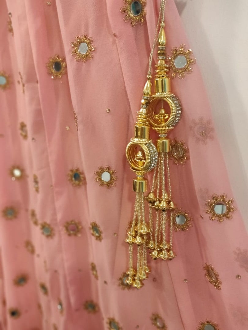 peach georgette beautiful mirrorwork wedding lehenga