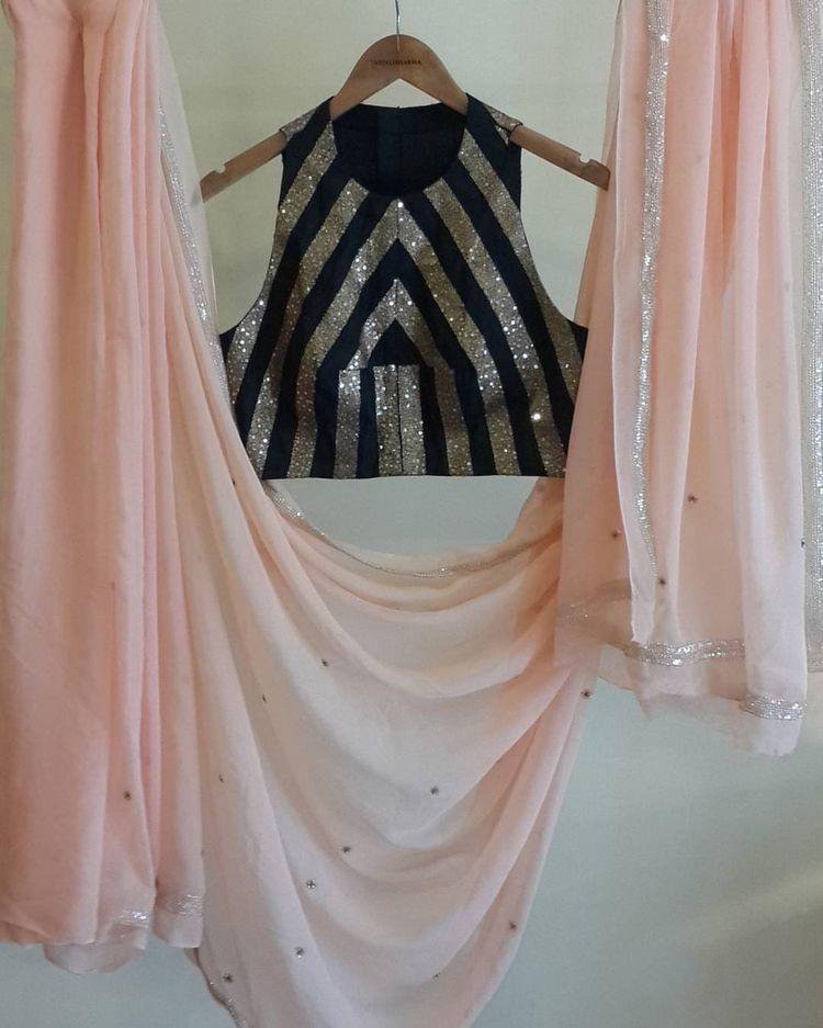 Peach Georgette beautiful stone work saree with sequin work blouse