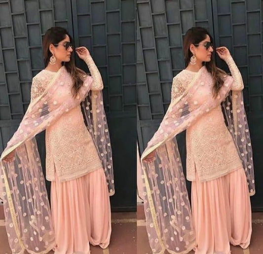 Peach georgette chainstitch embroidered plazzo salwar suit