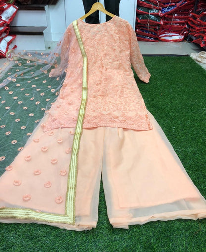 Peach georgette chainstitch embroidered plazzo salwar suit