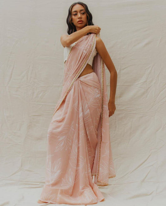 Peach georgette digital floral printed motilace saree