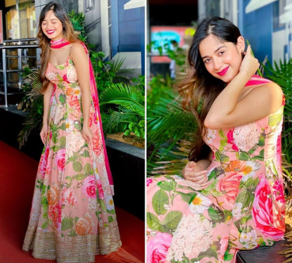 Peach georgette digital printed real mirror work party wear gown