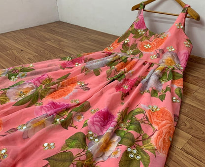 Peach georgette digital printed real mirror work party wear gown