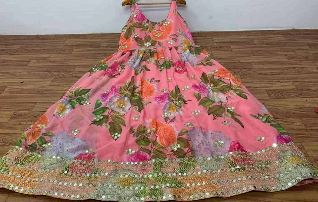 Peach georgette digital printed real mirror work party wear gown
