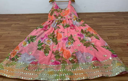 Peach georgette digital printed real mirror work party wear gown
