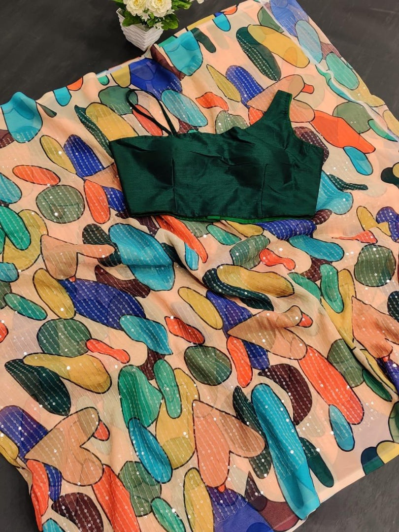 Peach georgette digital printed sequence work saree