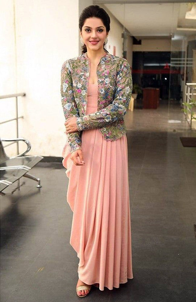 Peach georgette drapping gown with embroidered jacket