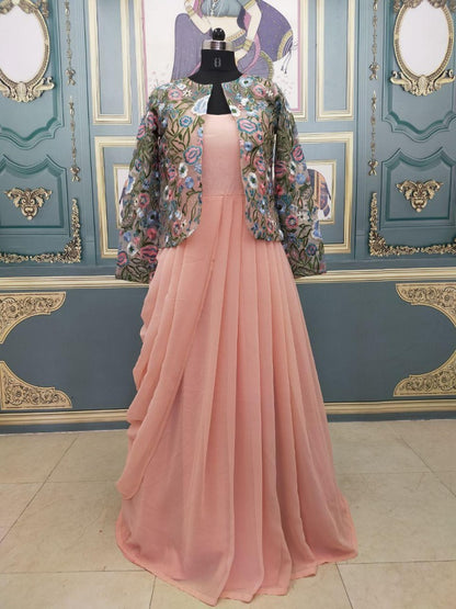 Peach georgette drapping gown with embroidered jacket