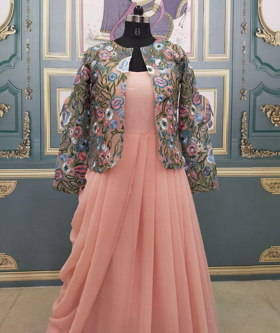 Peach georgette drapping gown with embroidered jacket
