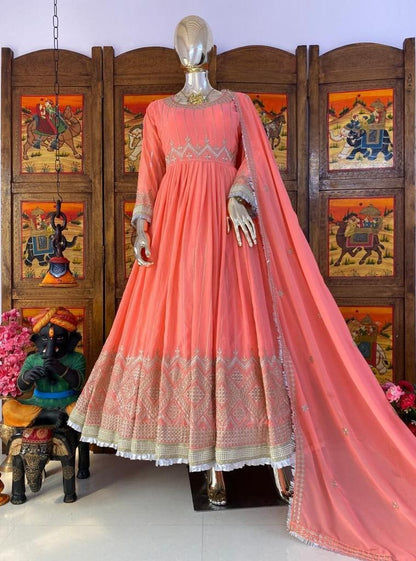 Peach georgette embroidered anarkali suit