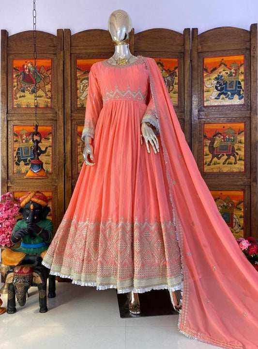 Peach georgette embroidered anarkali suit