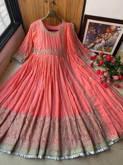 Peach georgette embroidered anarkali suit