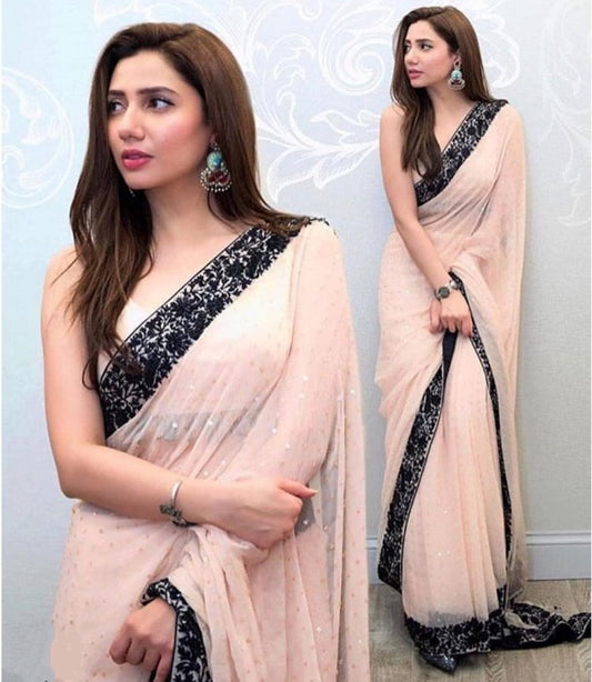 peach georgette embroidered border partywear saree