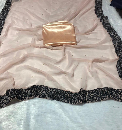 peach georgette embroidered border partywear saree