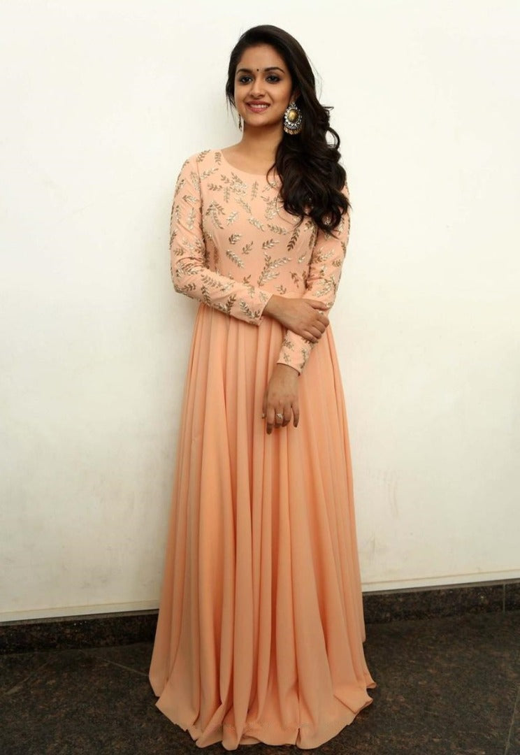 Peach georgette embroidered casual gown