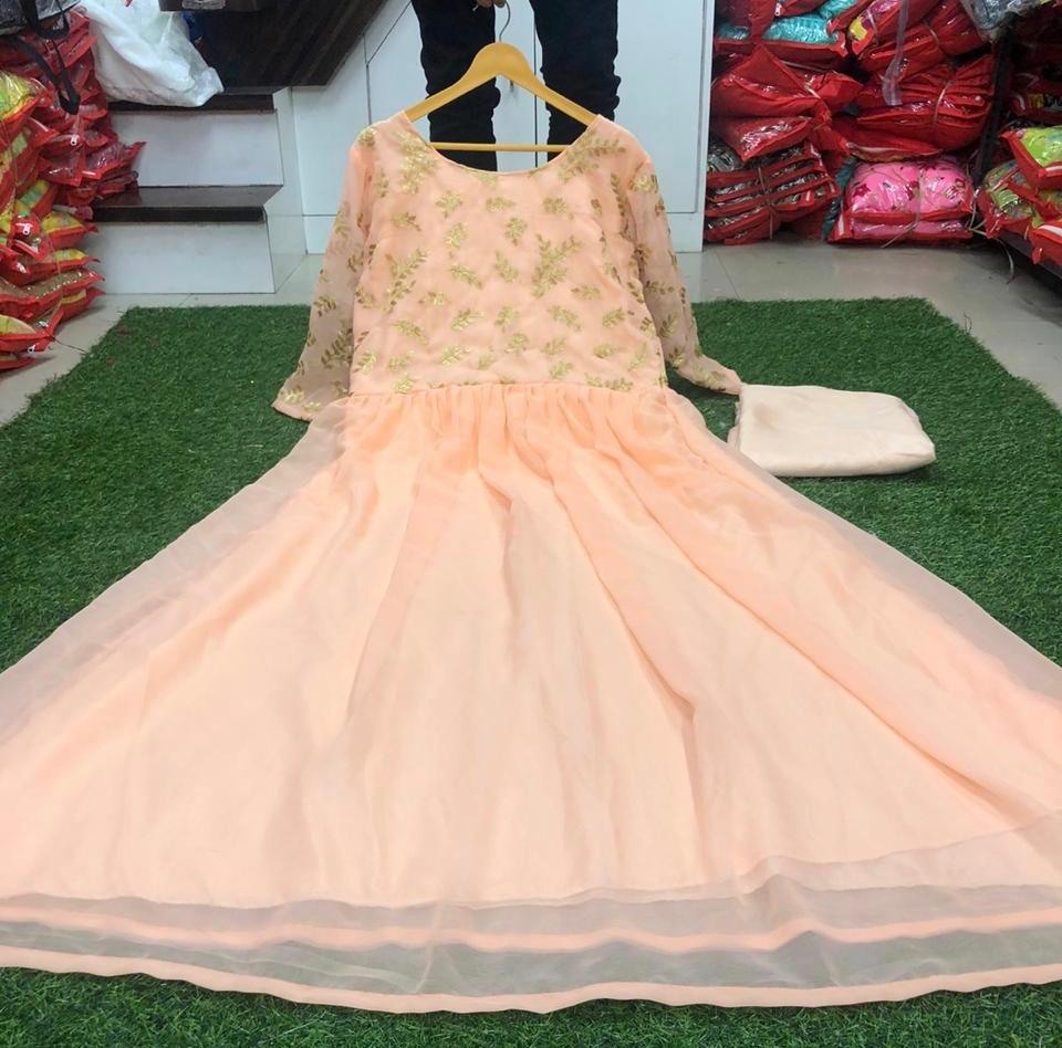 Peach georgette embroidered casual gown