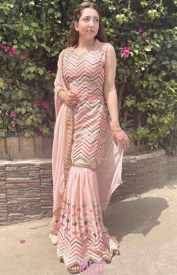 Peach georgette embroidered chen ruffle work shrara plazzo suit