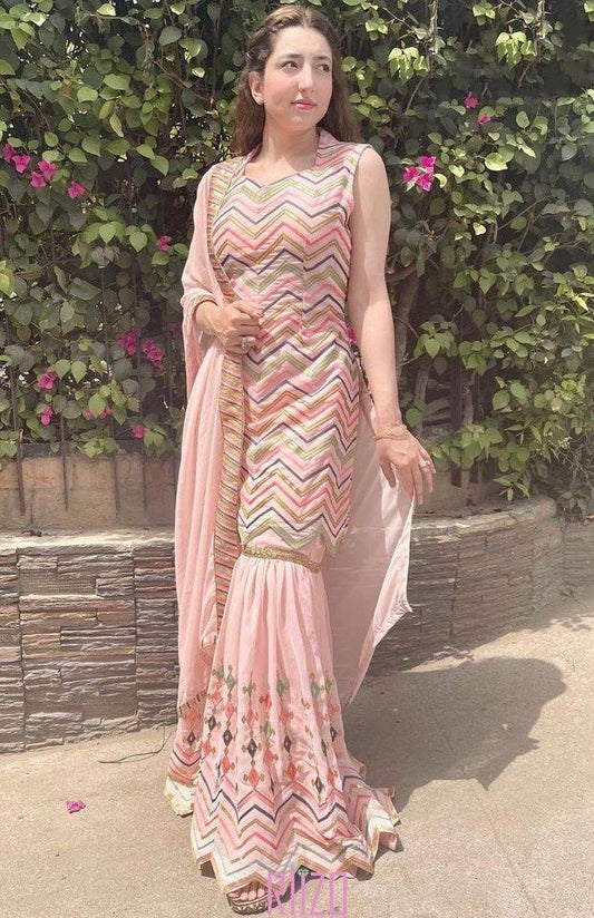 Peach georgette embroidered chen ruffle work shrara plazzo suit
