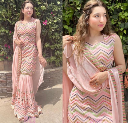 Peach georgette embroidered chen ruffle work shrara plazzo suit