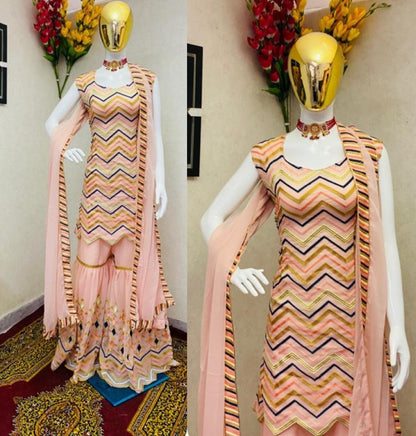 Peach georgette embroidered chen ruffle work shrara plazzo suit