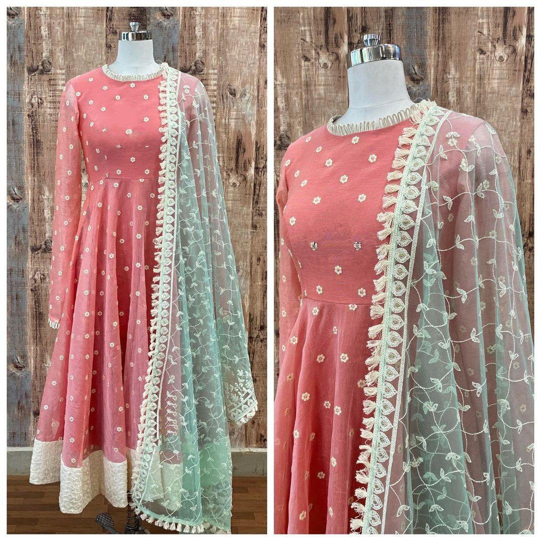 Peach georgette embroidered long gown