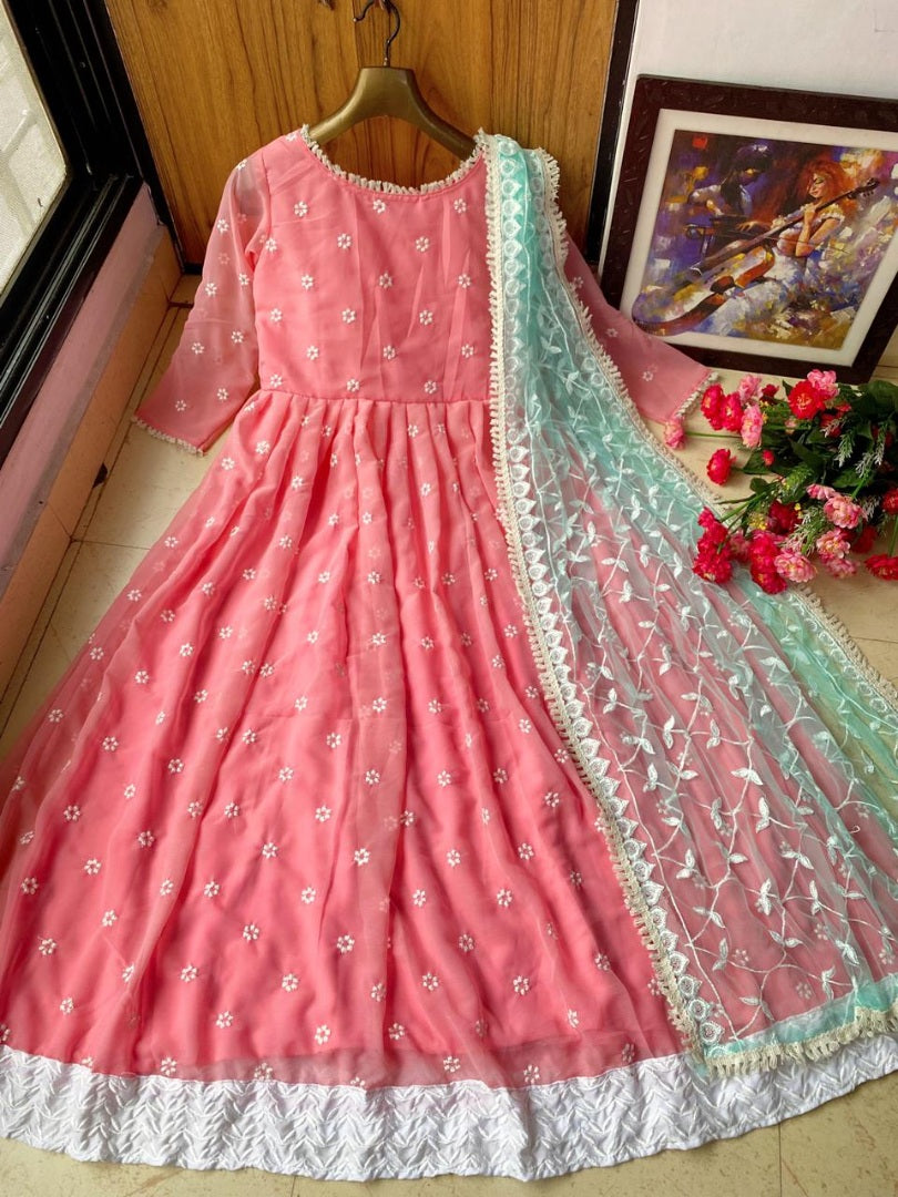 Peach georgette embroidered long gown