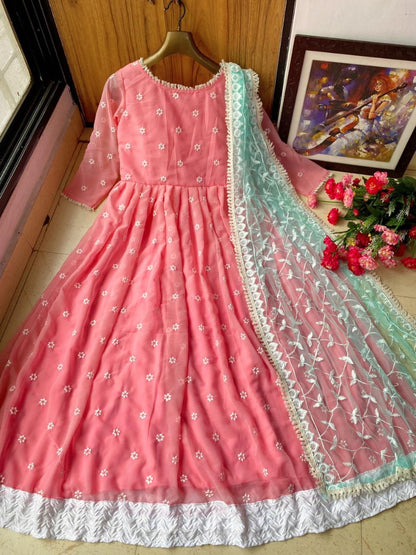 Peach georgette embroidered long gown