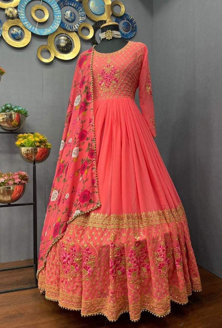 Peach georgette embroidered long gown with printed dupatta