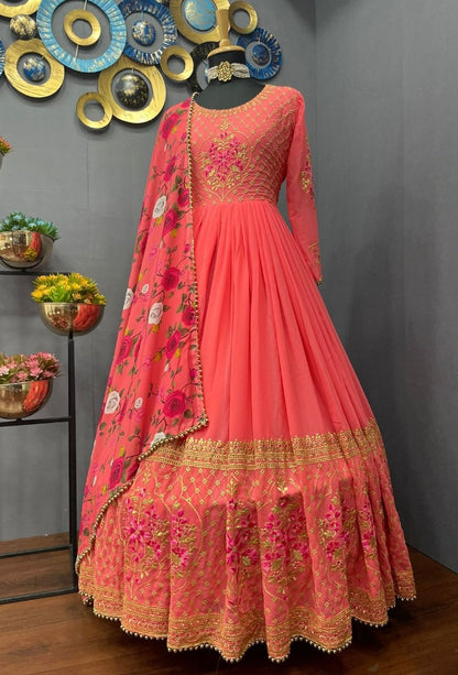 Peach georgette embroidered long gown with printed dupatta