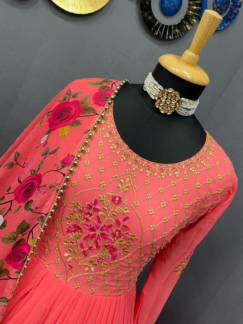 Peach georgette embroidered long gown with printed dupatta