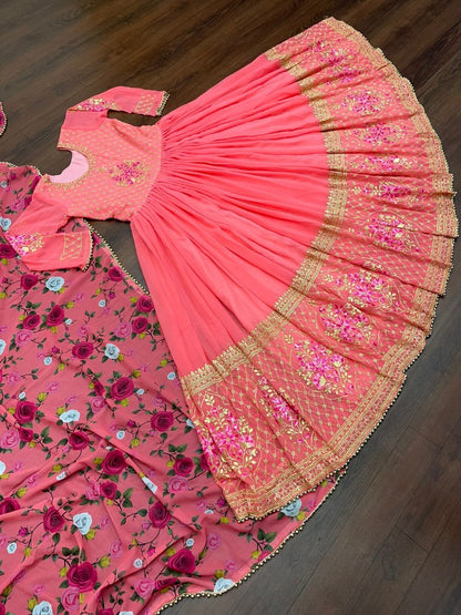 Peach georgette embroidered long gown with printed dupatta