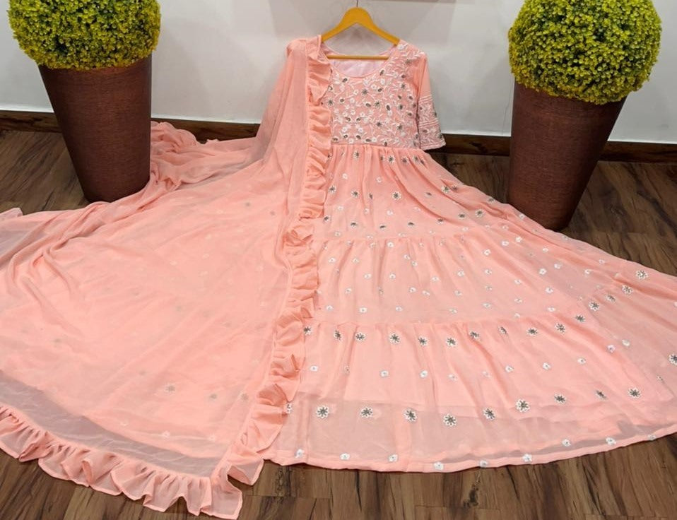 Peach georgette embroidered sequence work gown