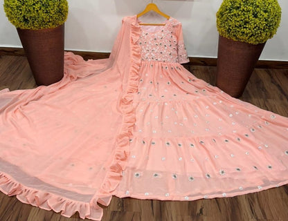 Peach georgette embroidered sequence work gown
