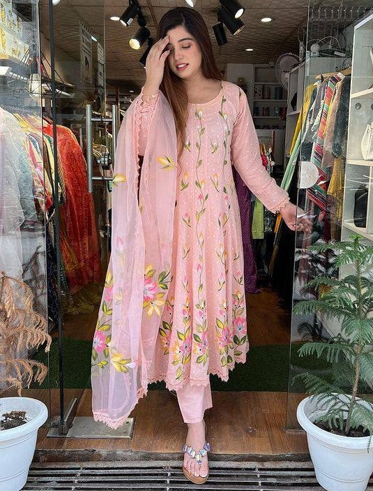 Peach georgette floral printed anarkali suit