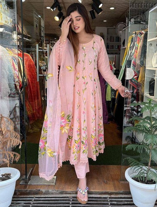 Peach georgette floral printed anarkali suit