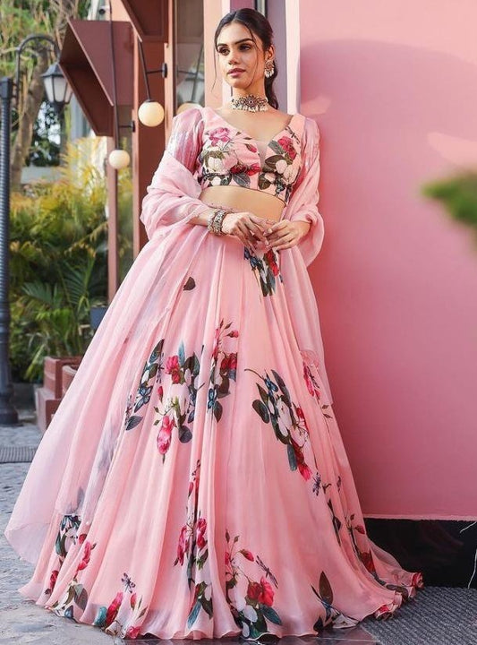Peach georgette floral printed girlish lehenga choli for ceremony