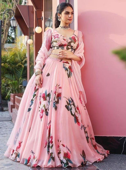 Peach georgette floral printed girlish lehenga choli for ceremony
