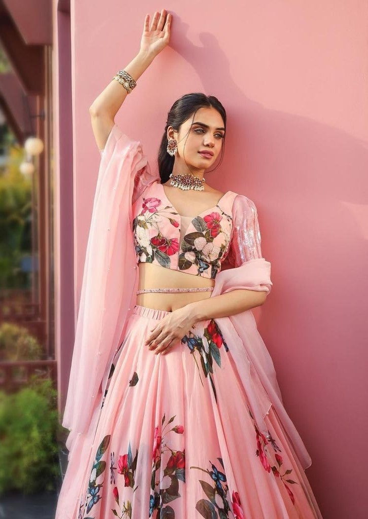 Peach georgette floral printed girlish lehenga choli for ceremony