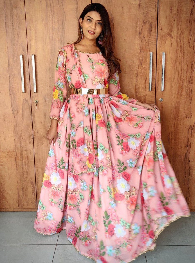Peach georgette flower printed anarkali suit