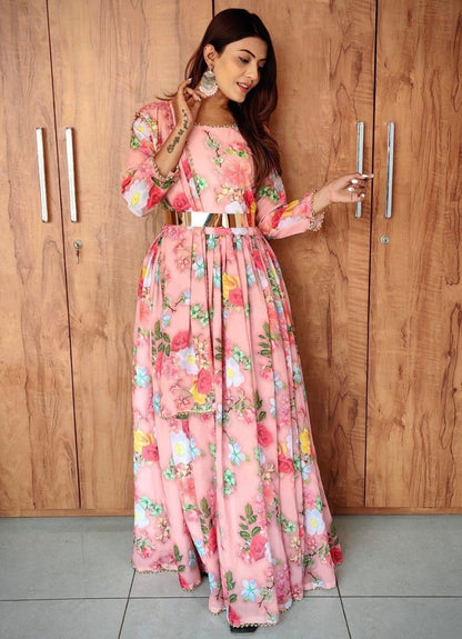 Peach georgette flower printed anarkali suit