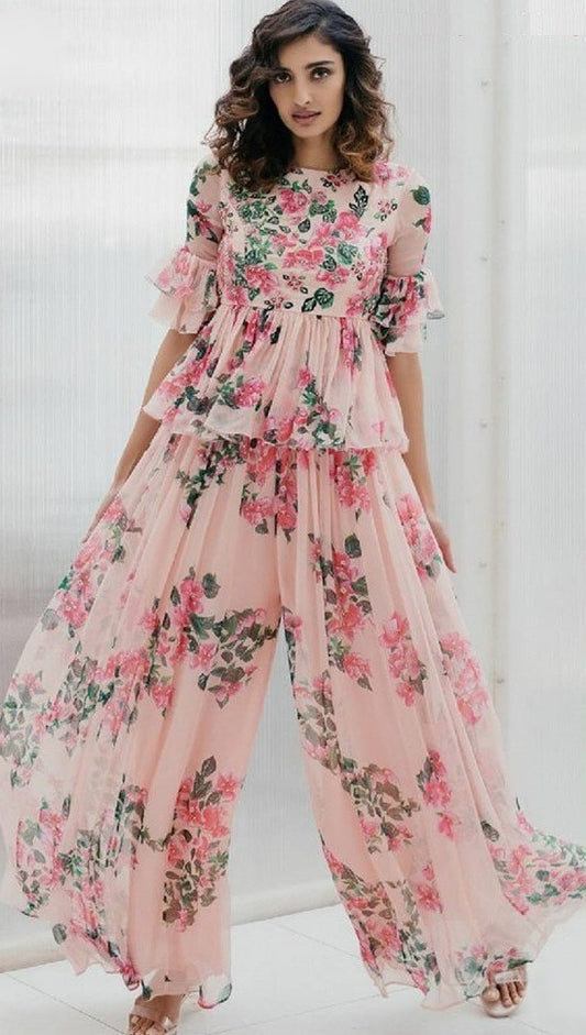 Peach georgette flower printed plazzo salwar suit
