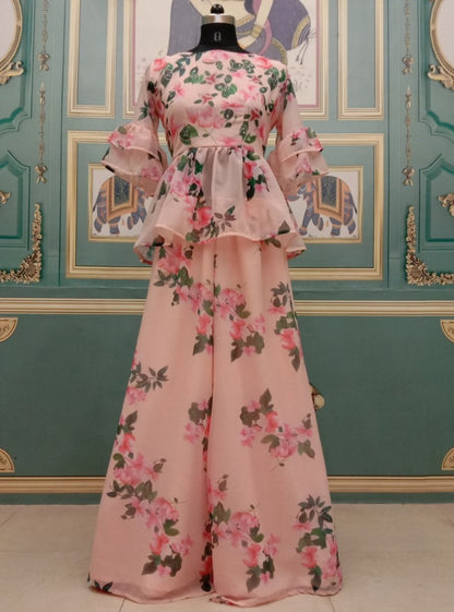 Peach georgette flower printed plazzo salwar suit