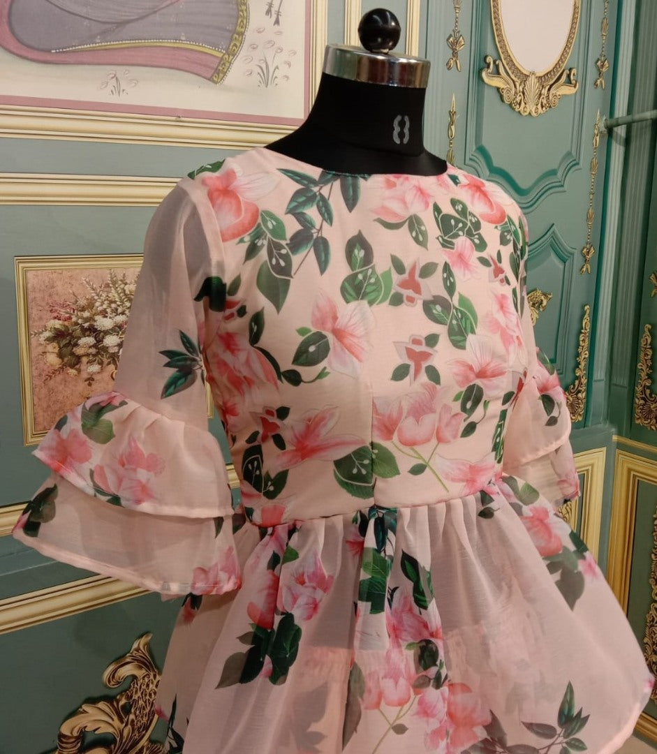 Peach georgette flower printed plazzo salwar suit