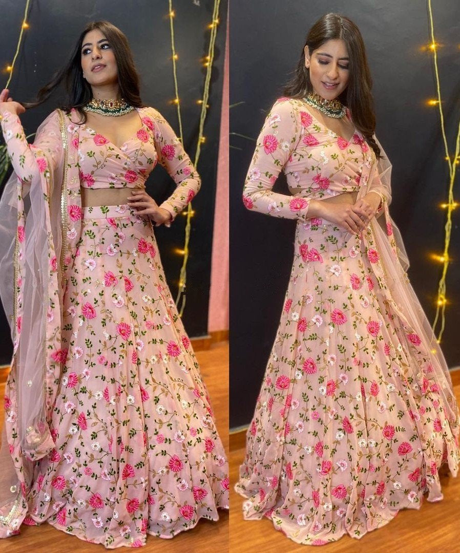 Peach georgette flower thread embroidered heavy lehenga choli