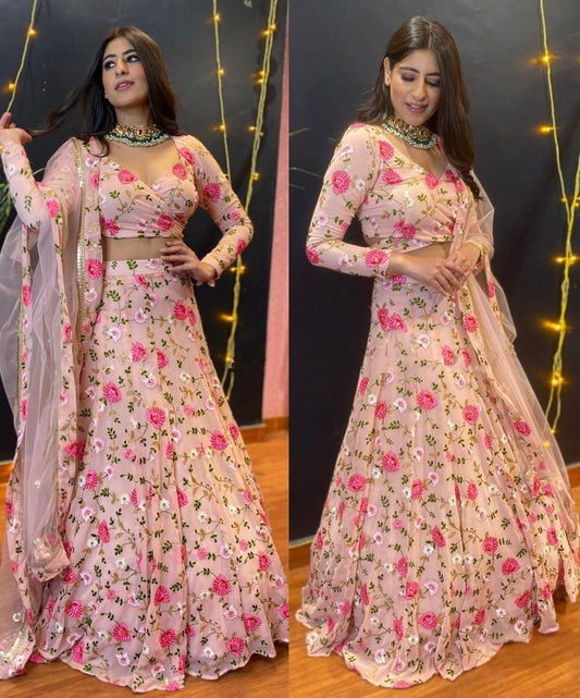 Peach georgette flower thread embroidered heavy lehenga choli