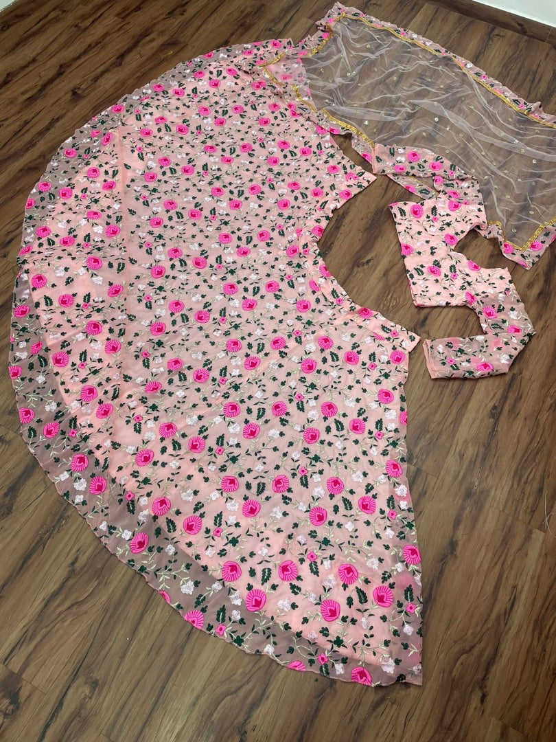 Peach georgette flower thread embroidered heavy lehenga choli