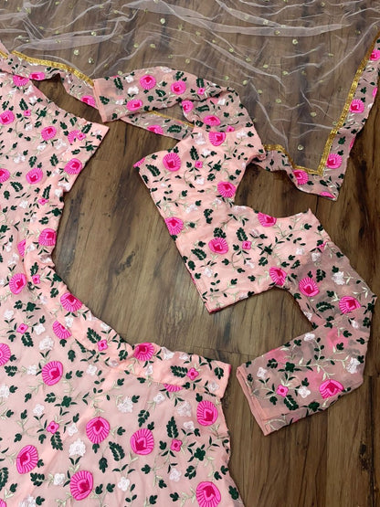 Peach georgette flower thread embroidered heavy lehenga choli