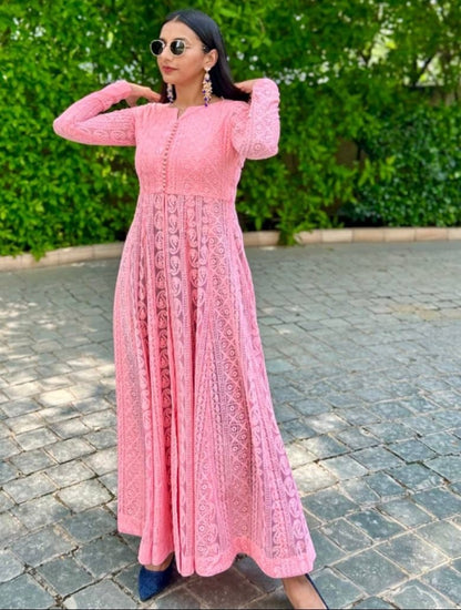 Peach georgette heavy chikankari work designer kurti